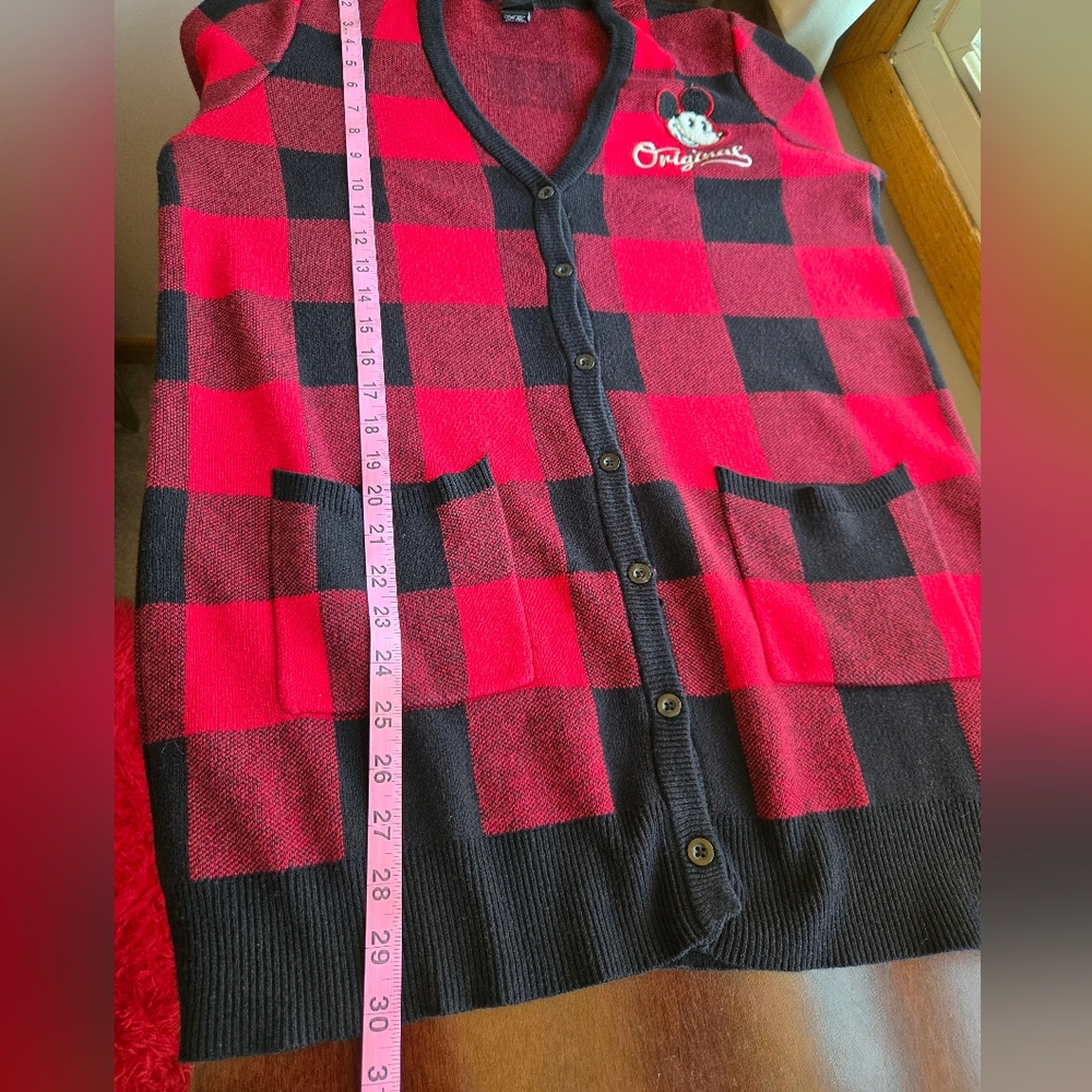 Disney Parks Mickey Mouse Buffalo Plaid Cardigan Sweater - Red & Black - Size L - Picture 8 of 11